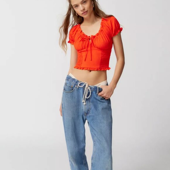 Urban Outfitters Red Hot Puff Sleeve Top - Off the Shoulder Shirred Blouse - Picture 5 of 9